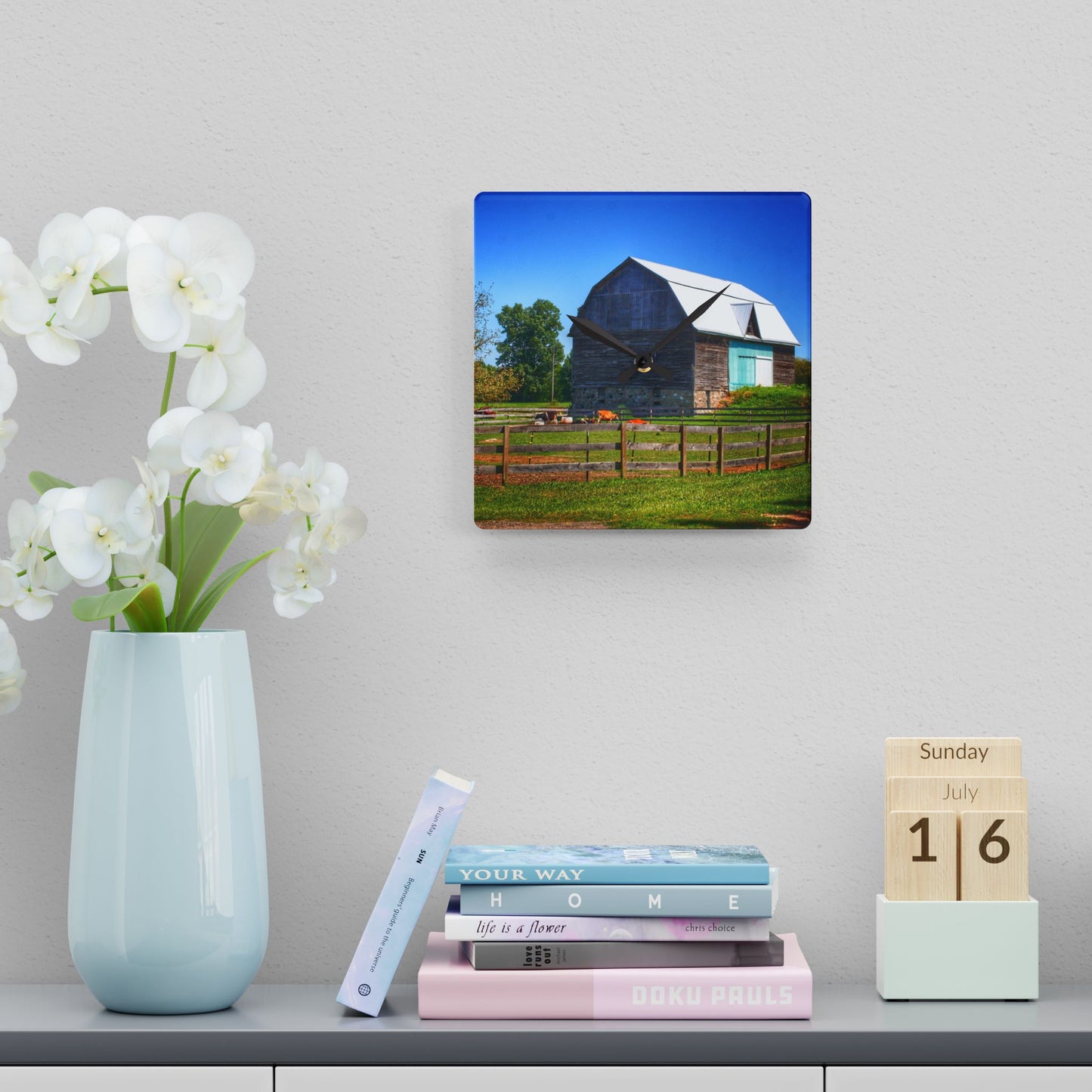 U R There Photography Harris Road Fieldstone Grey Rustic Farmhouse Acrylic Analog Wall Clock