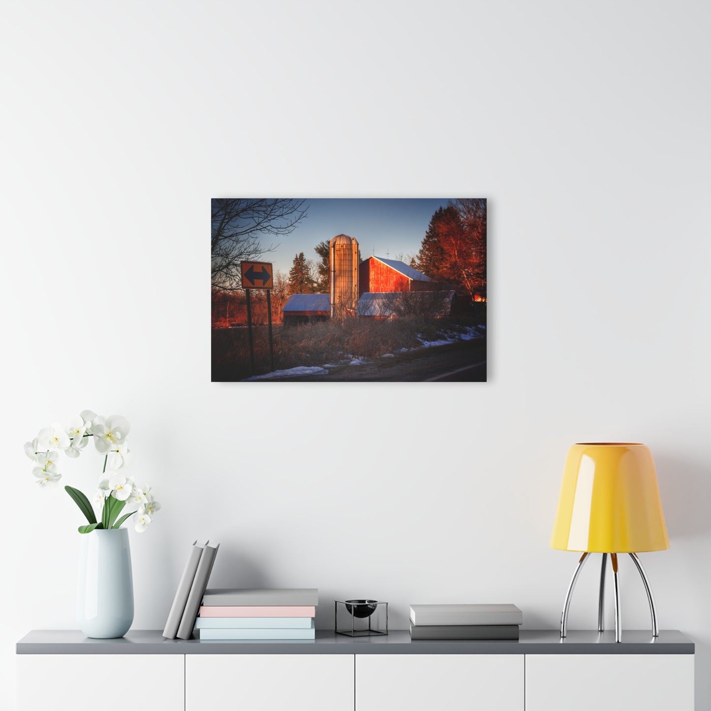 U R There Photography Mount Morris Road Reds and Silo in Winter Rustic Farmhouse Acrylic Wall Print