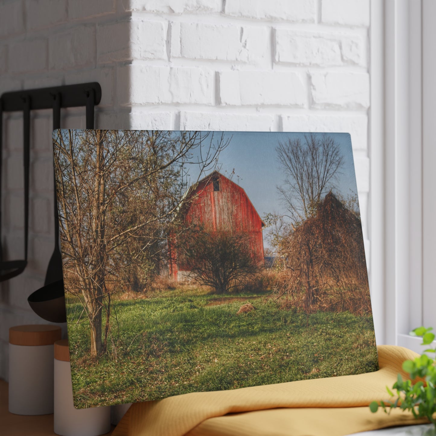 U R There Photography Columbiaville Red in November Rustic Farmhouse Tempered-Glass Cutting Board