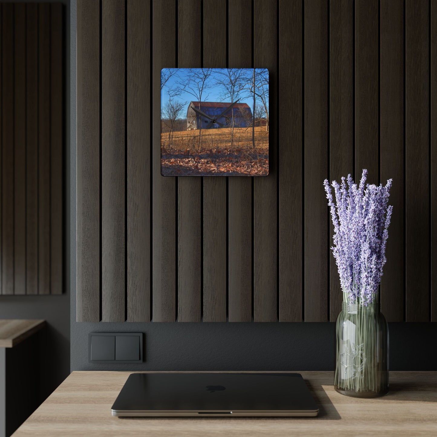U R There Photography Demode Road Grey Rustic Farmhouse Acrylic Analog Wall Clock