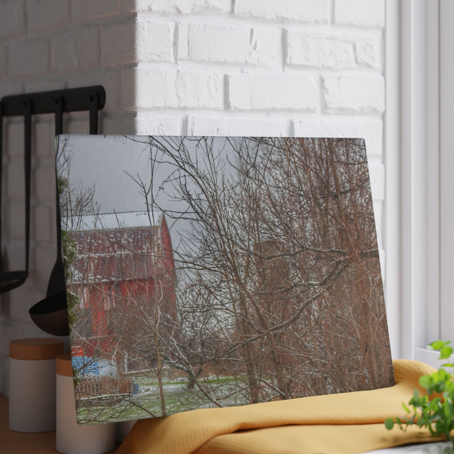 U R There Photography Hough Road Hidden Winter Red I Rustic Farmhouse Tempered-Glass Cutting Board