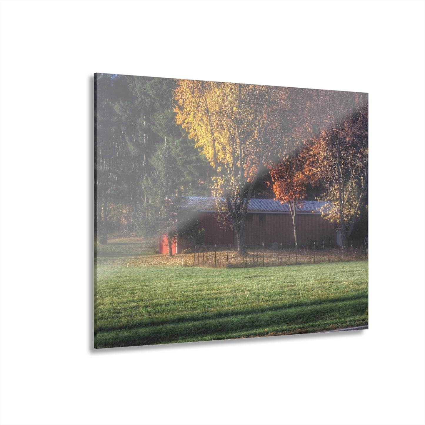 Barn Boutique Modern Farmhouse Acrylic Wall Print| Red Barn on a Foggy Fall Morning