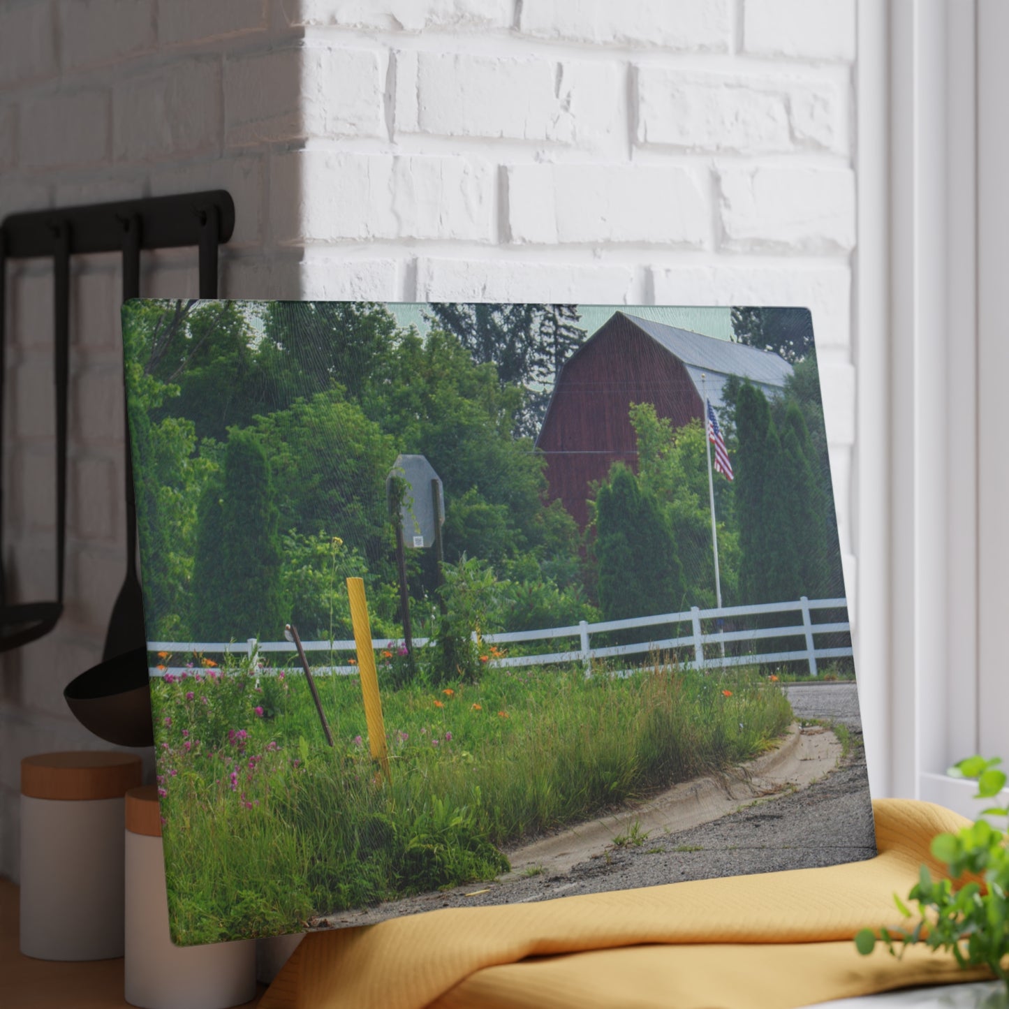 U R There Photography Sutton Road Red and Old Glory Rustic Farmhouse Tempered-Glass Cutting Board