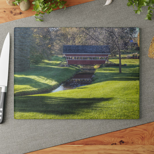 U R There Photography Hadley Covered Bridge I Rustic Farmhouse Tempered-Glass Cutting Board