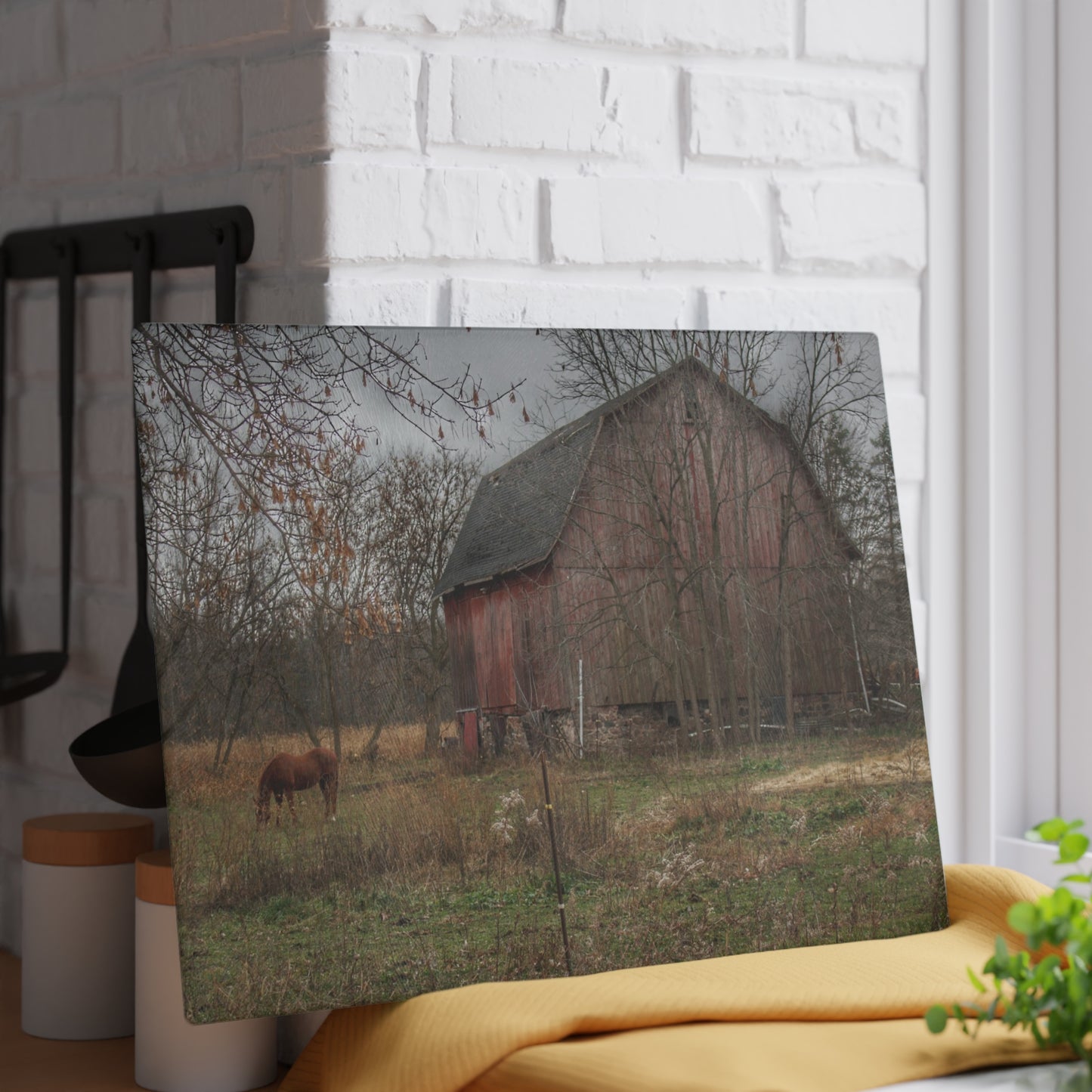 U R There Photography Blair Road Barn and Horse Rustic Farmhouse Tempered-Glass Cutting Board