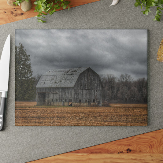 U R There Photography Grey Barn and Tree Rustic Farmhouse Tempered-Glass Cutting Board