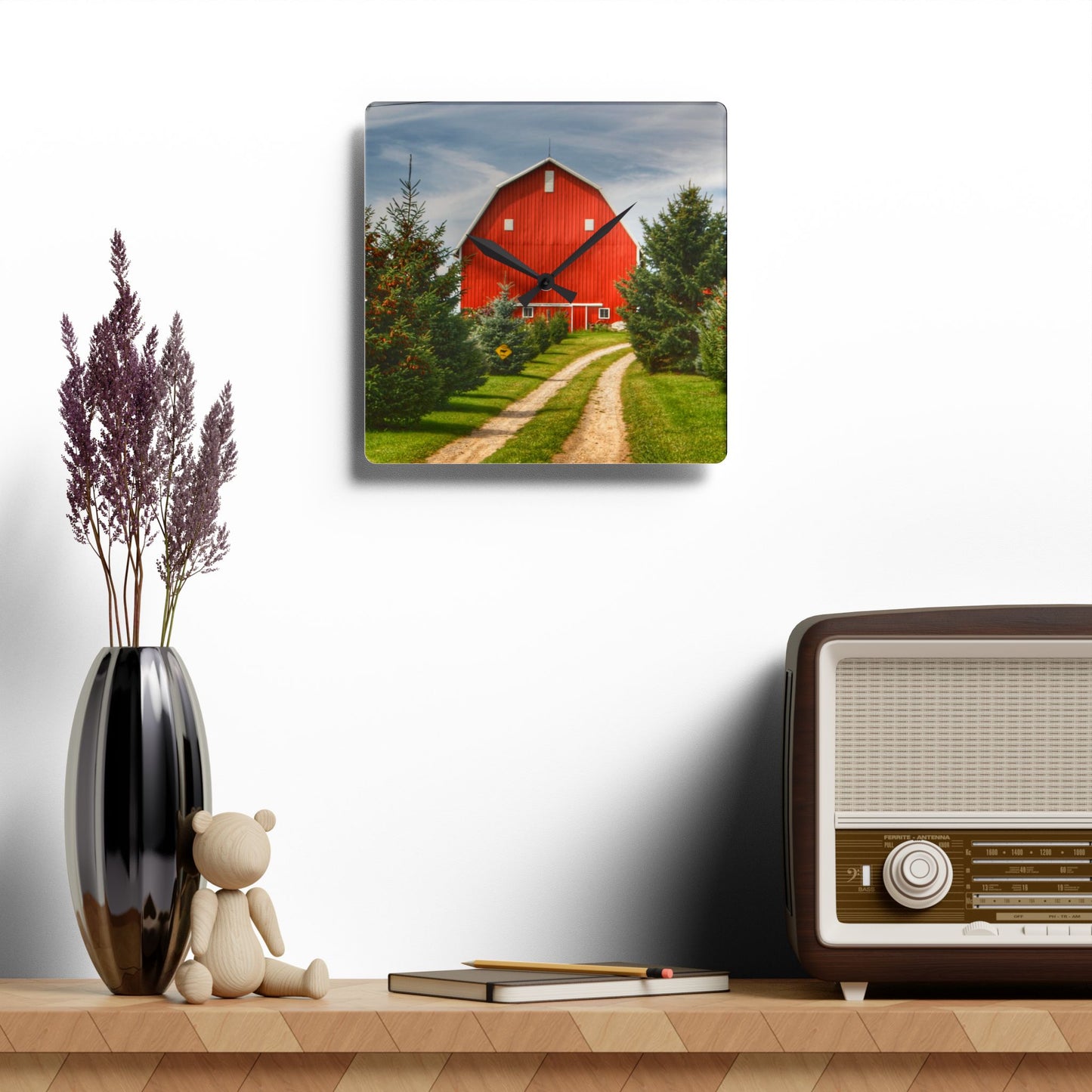 U R There Photography Brown City Road Pine Red Rustic Farmhouse Acrylic Analog Wall Clock