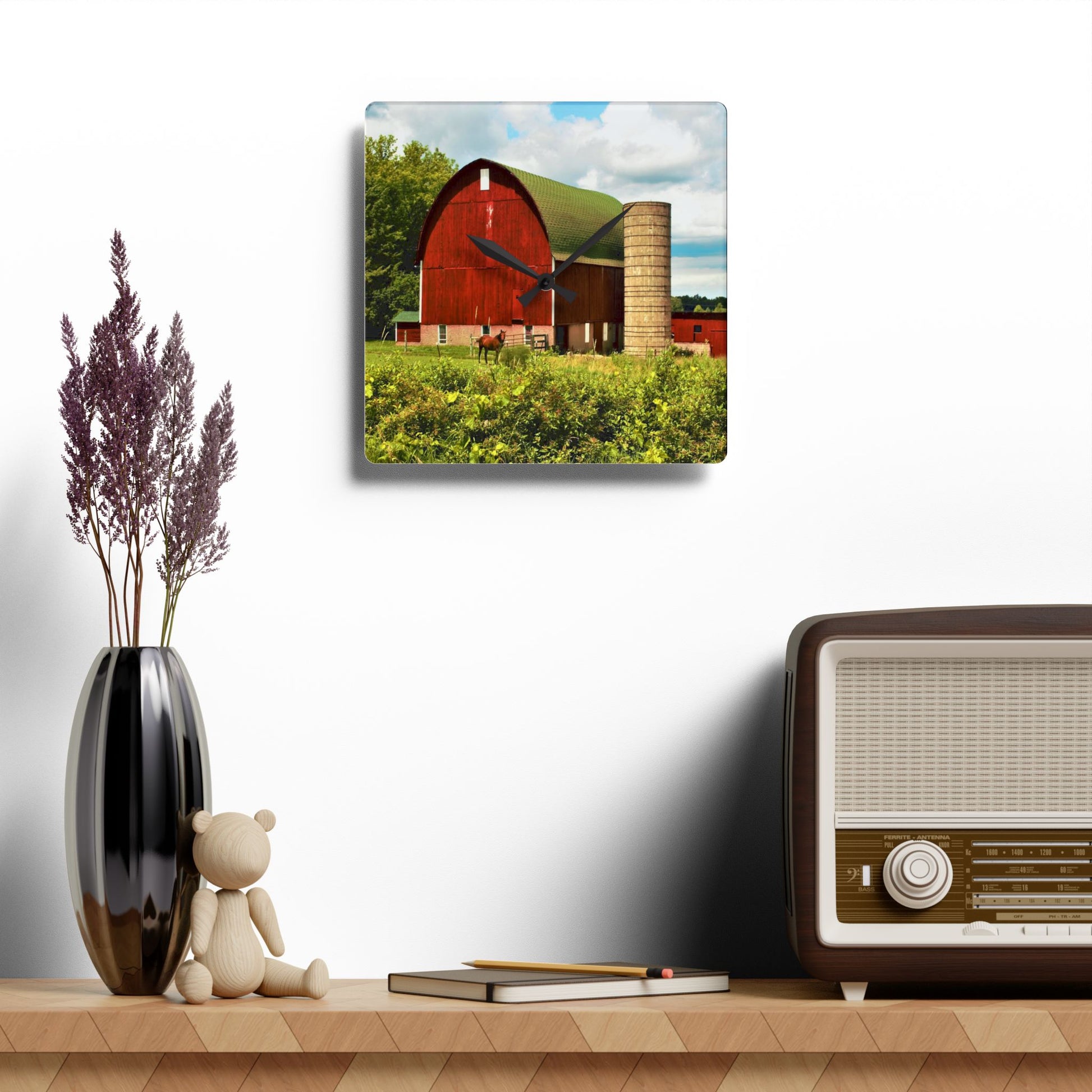 Rustic Farmhouse Wall Clock featuring Red Barn and Horses