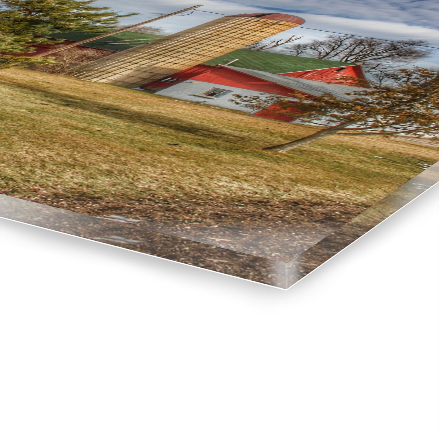 U R There Photography Newark Road Red and Silos I Rustic Farmhouse Acrylic Wall Print