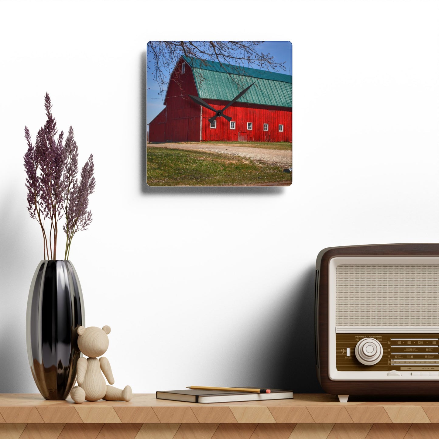 U R There Photography Perry Road Red Rustic Farmhouse Acrylic Analog Wall Clock