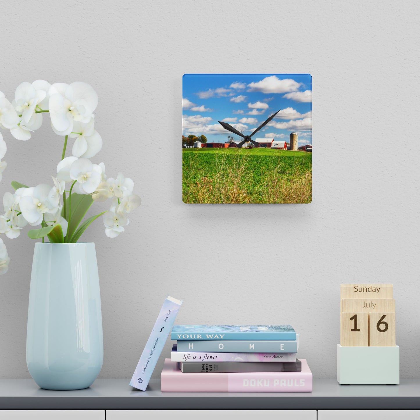 U R There Photography Pattison Road Farm Across the Field II Rustic Farmhouse Acrylic Analog Wall Clock