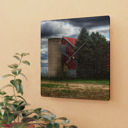 U R There Photography Laur Road Red Among the Pines II Rustic Farmhouse Acrylic Analog Wall Clock