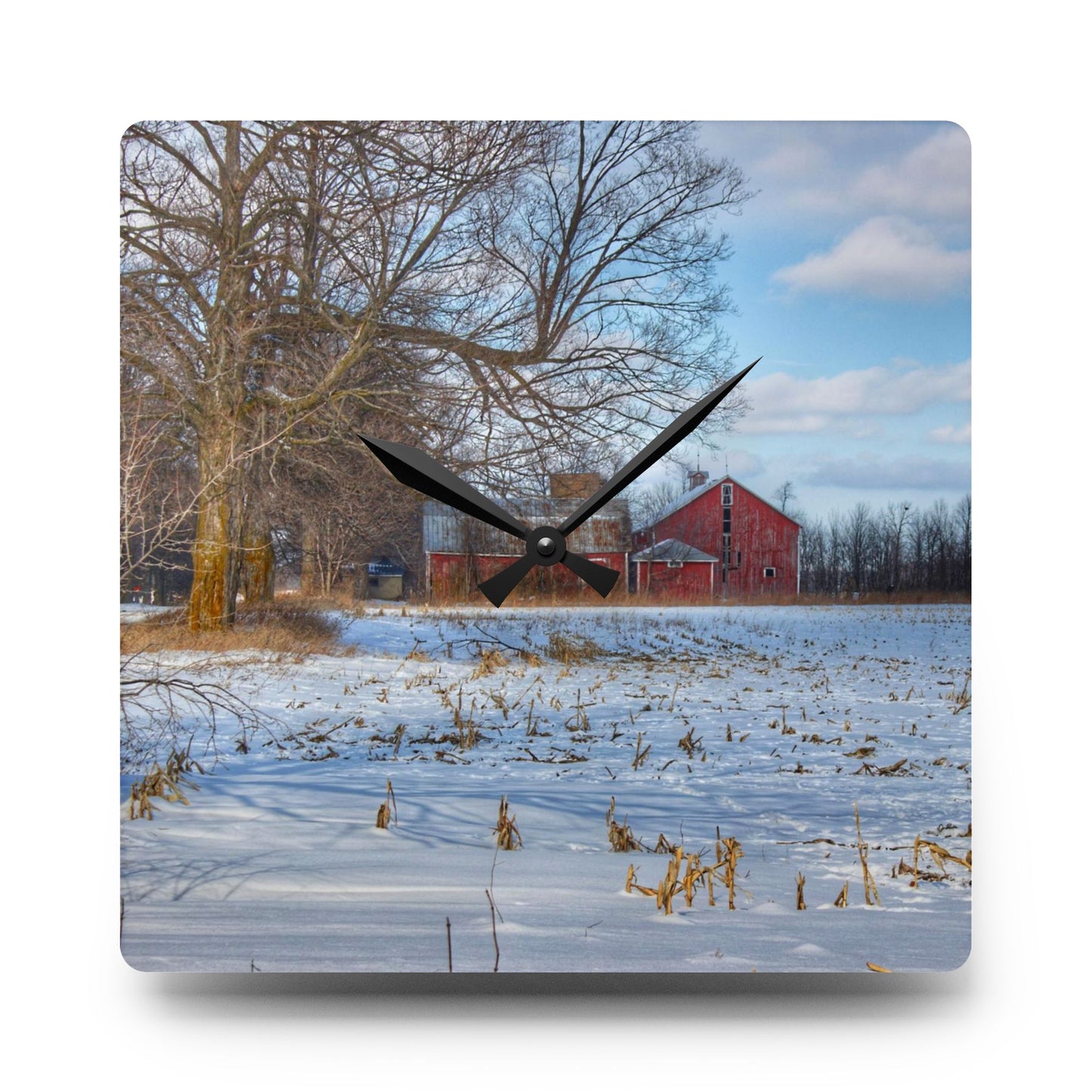 Barn Boutique Rustic Acrylic Analog Wall Clock| Across Barnes Roads Frozen Corn Field