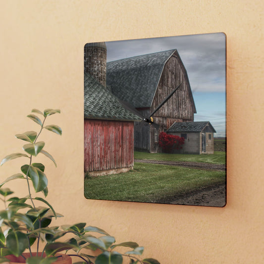 U R There Photography Roedel Roadside Reds III Rustic Farmhouse Acrylic Analog Wall Clock