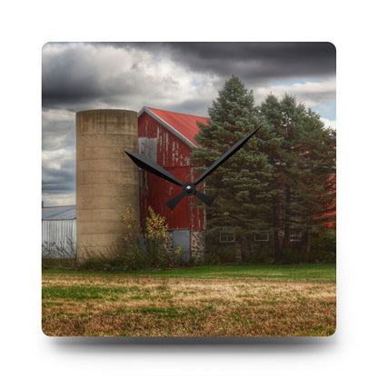 U R There Photography Laur Road Red Among the Pines II Rustic Farmhouse Acrylic Analog Wall Clock