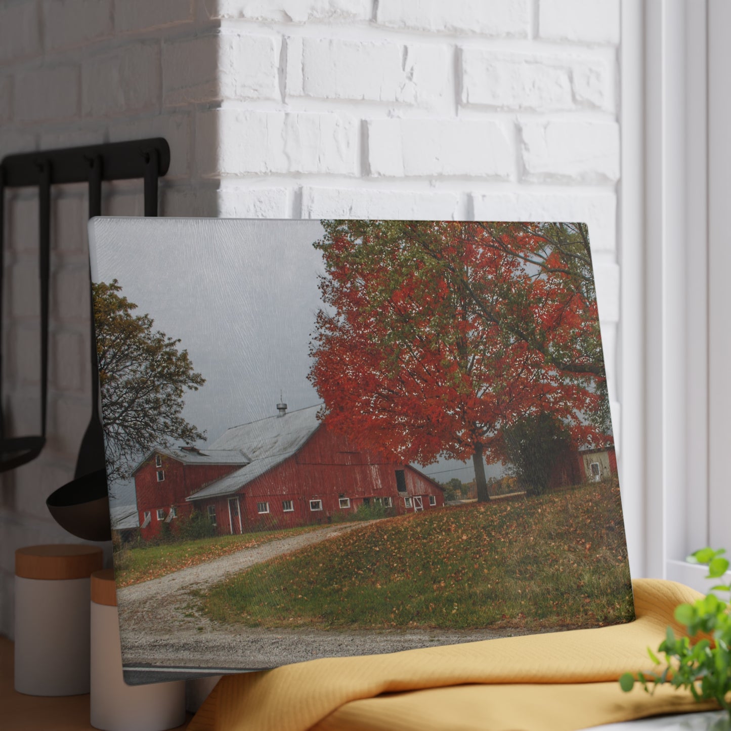 U R There Photography Goodrich Baldwin Road Reds II Rustic Farmhouse Tempered-Glass Cutting Board