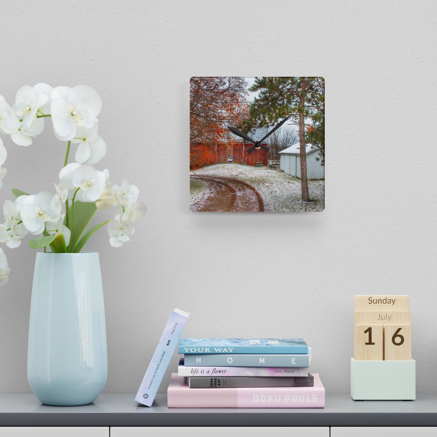 U R There Photography North Lake Pleasant Road Hidden Red Rustic Farmhouse Acrylic Analog Wall Clock