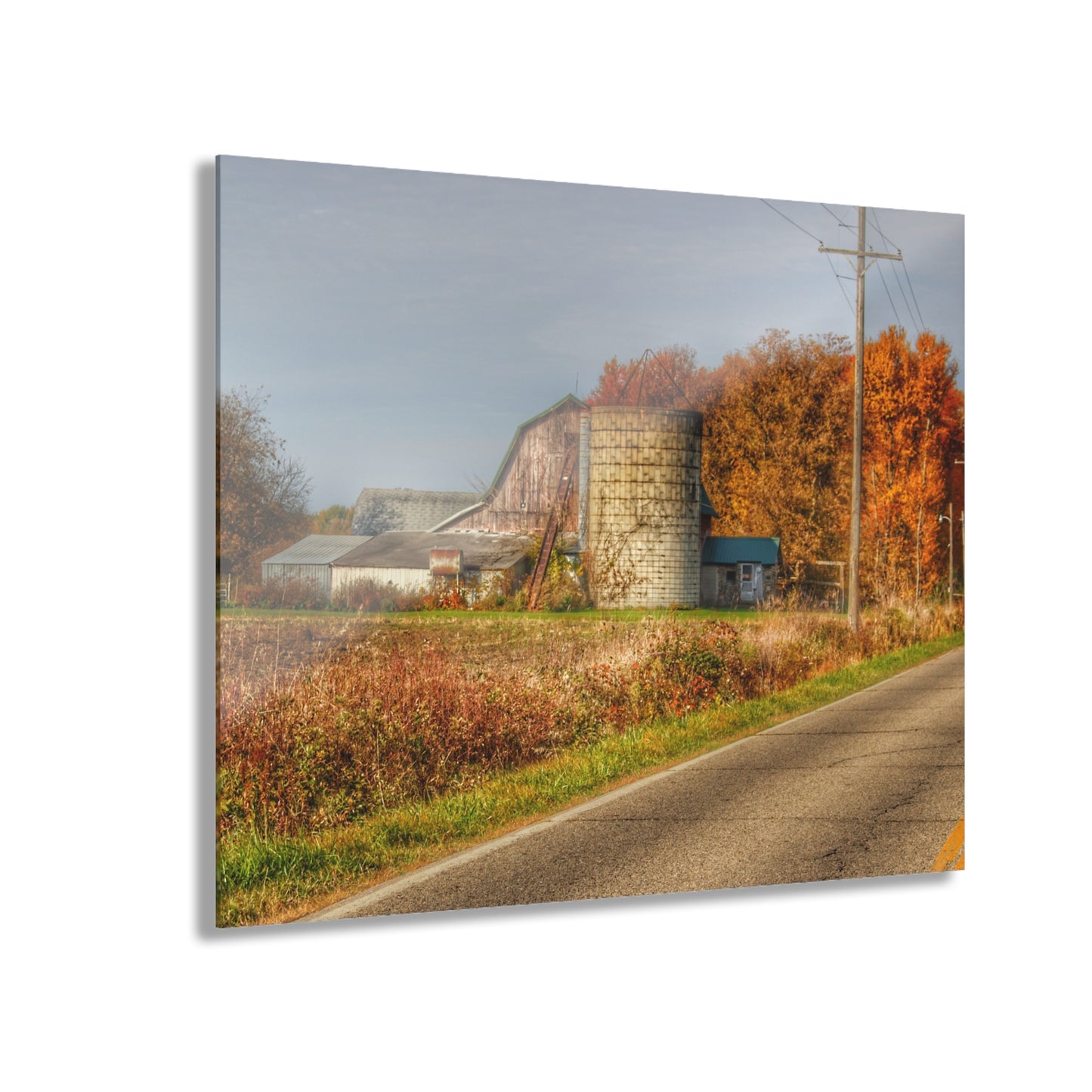 U R There Photography Plumb Creek Road Red in Fall II Rustic Farmhouse Acrylic Wall Print