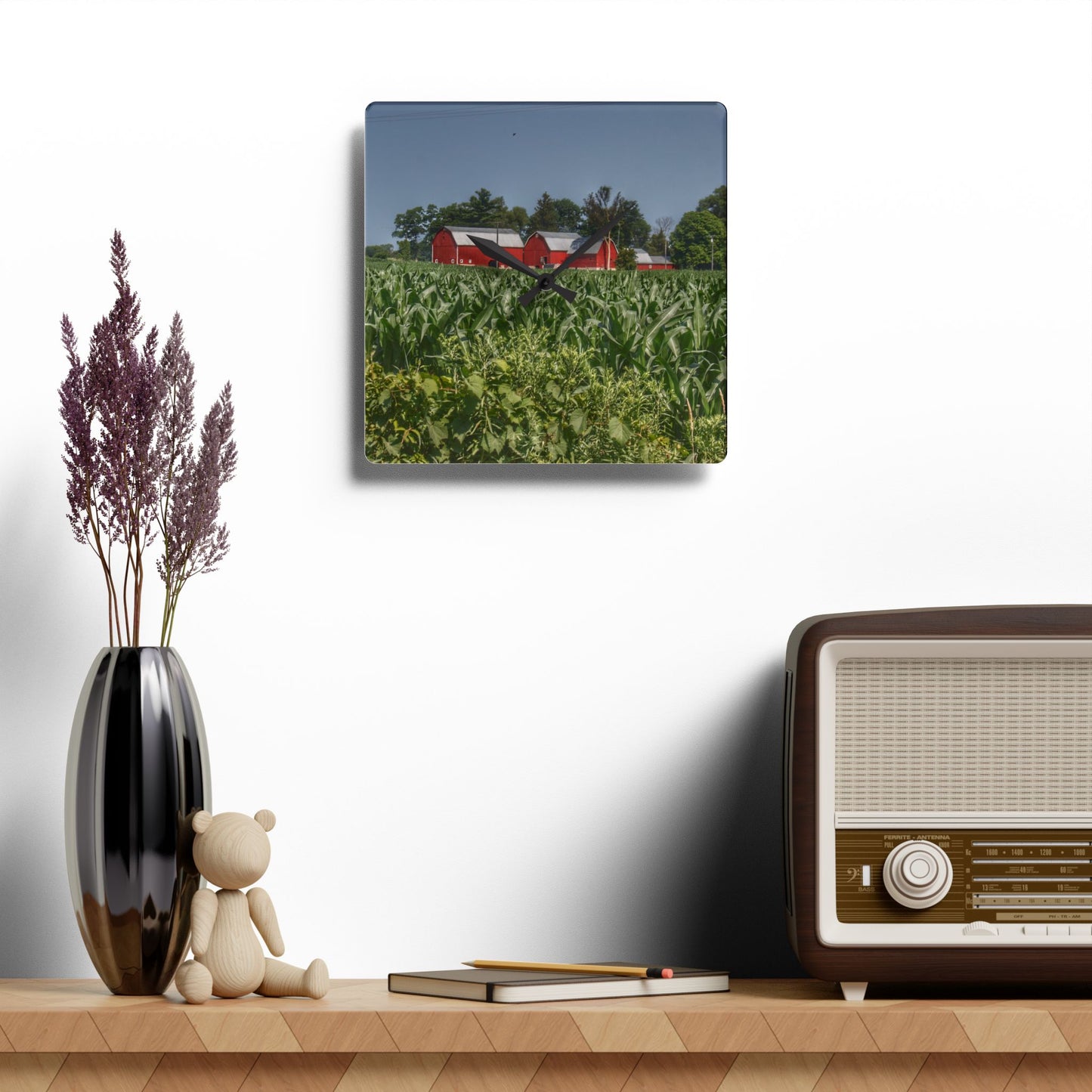 U R There Photography Shoemaker Road Reds Beyond the Corn Rustic Farmhouse Acrylic Analog Wall Clock
