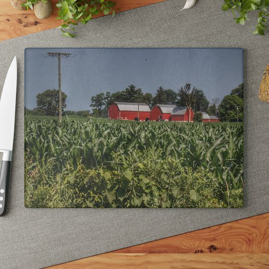 U R There Photography Shoemaker Road Reds Beyond the Corn Rustic Farmhouse Tempered-Glass Cutting Board
