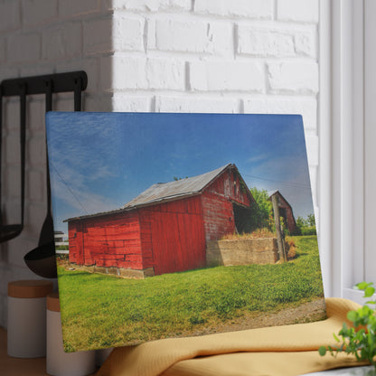U R There Photography Marlette Road Saltbox Red Rustic Farmhouse Tempered-Glass Cutting Board