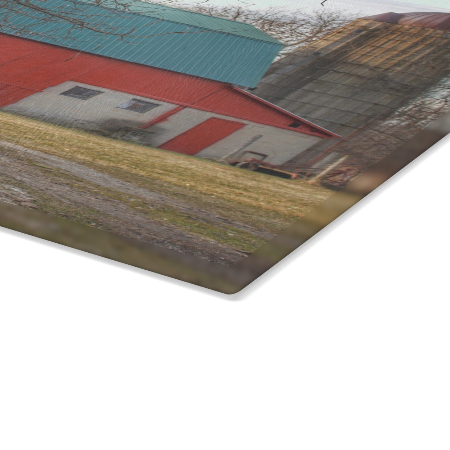 U R There Photography Wilson Road Red and Silo I Rustic Farmhouse Tempered-Glass Cutting Board