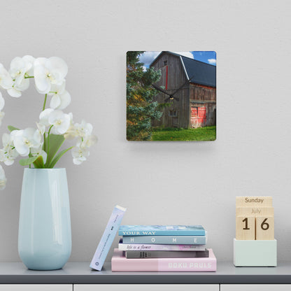 U R There Photography East Leonard Road Red Rustic Farmhouse Acrylic Analog Wall Clock