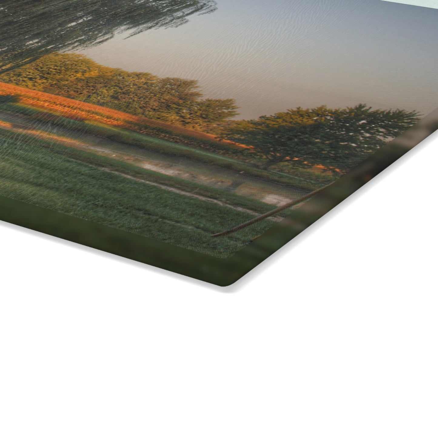 U R There Photography Sunrise on Willow Pond I Rustic Farmhouse Tempered-Glass Cutting Board