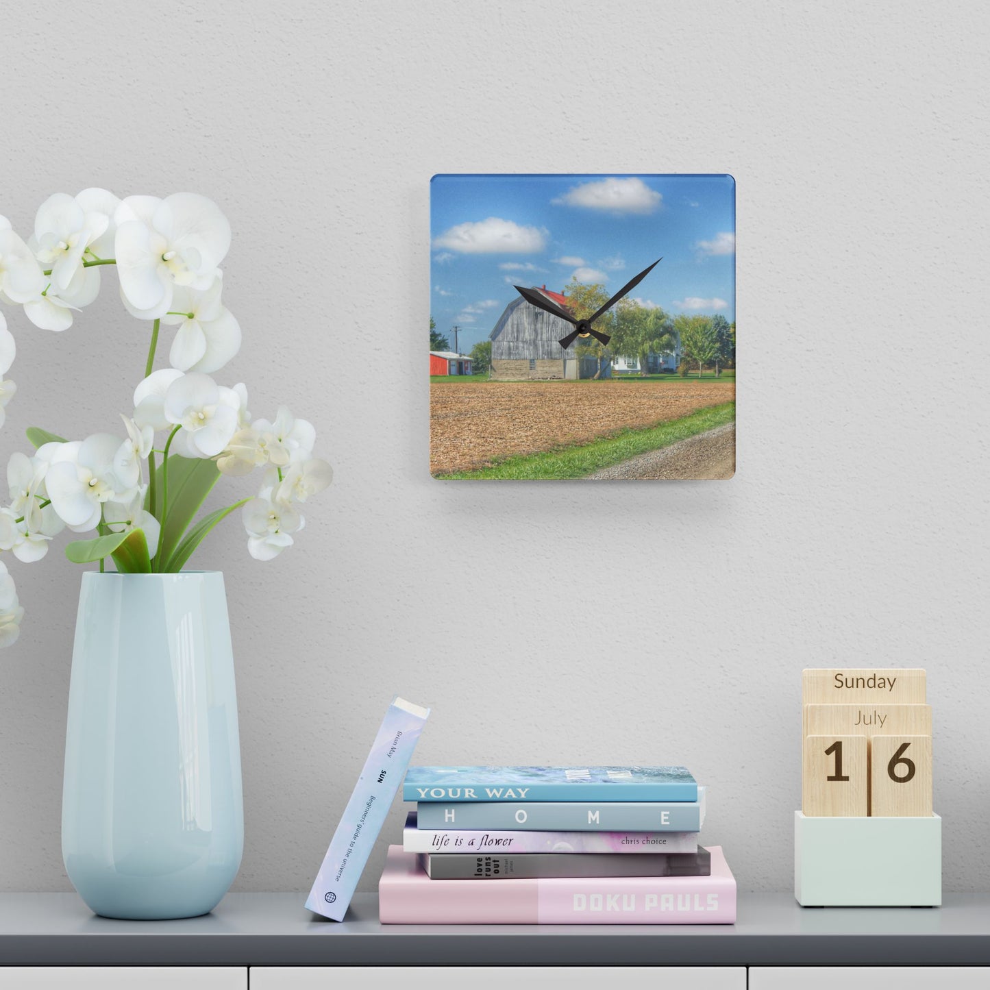U R There Photography Sheridan Line Road Grey I Rustic Farmhouse Acrylic Analog Wall Clock