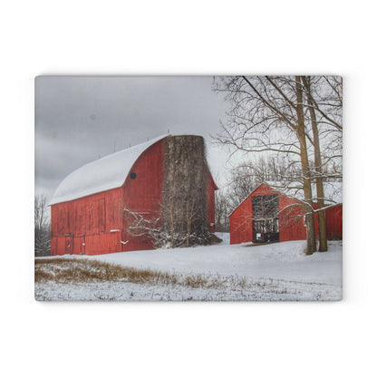 U R There Photography Catlin Reds in Winter I Rustic Farmhouse Tempered-Glass Cutting Board