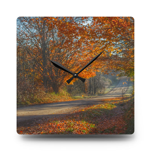 Fall on Oak Road Rustic Farmhouse Acrylic Analog Wall Clock 10.75'' × 10.75'' (Square)