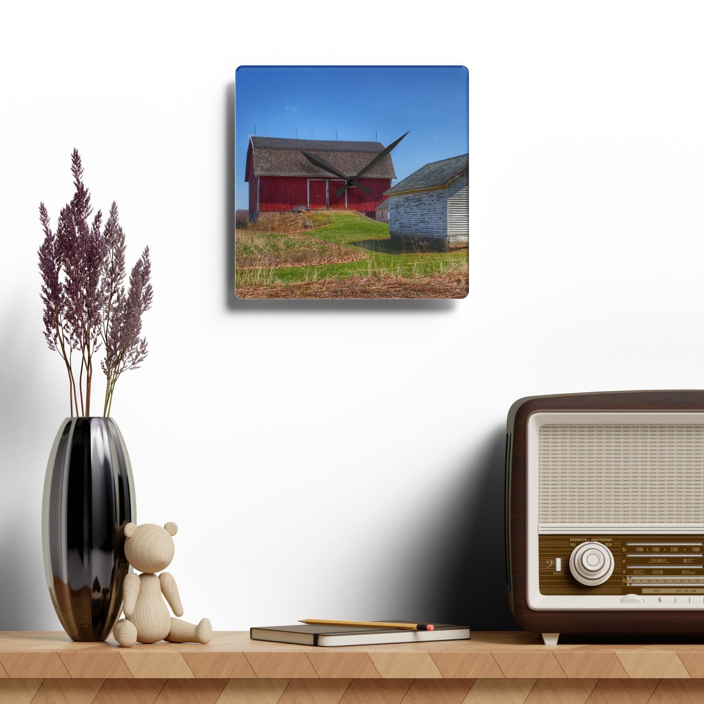 U R There Photography Colwood Hidden Red and Little White Rustic Farmhouse Wall Clock