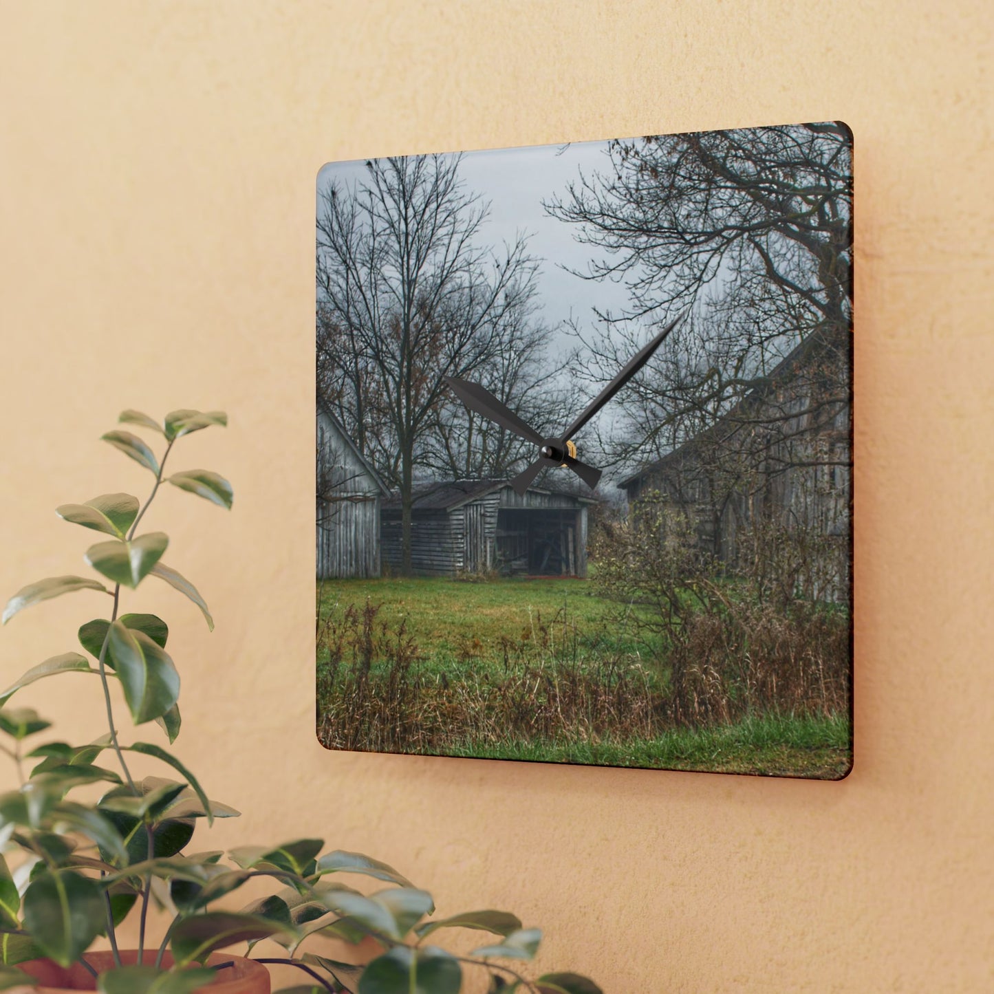 U R There Photography Bowers Road Greys III Rustic Farmhouse Acrylic Analog Wall Clock