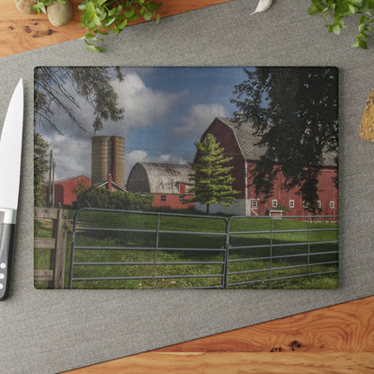 U R There Photography Hough Road Reds and Silo Rustic Farmhouse Tempered-Glass Cutting Board