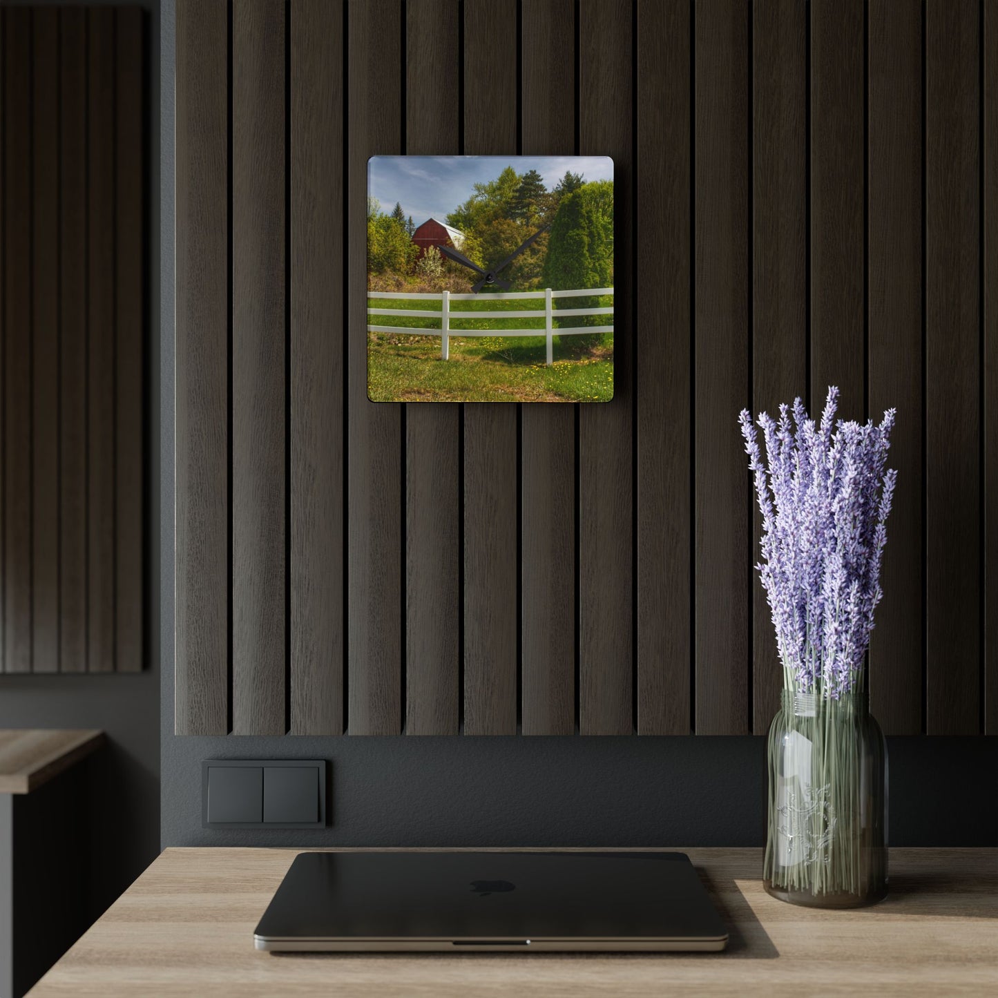 U R There Photography Sutton Road Red Beyond the Fence Rustic Farmhouse Acrylic Analog Wall Clock