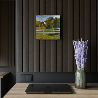 U R There Photography Sutton Road Red Beyond the Fence Rustic Farmhouse Acrylic Analog Wall Clock