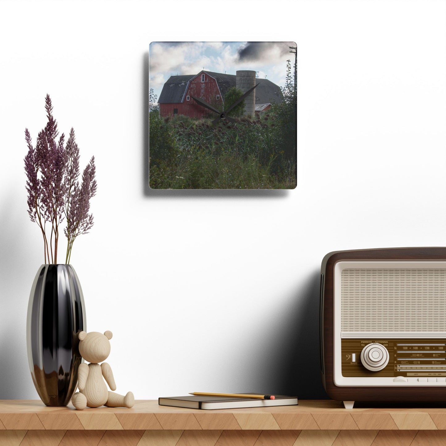 U R There Photography Greenwood Road Red II Rustic Farmhouse Acrylic Analog Wall Clock