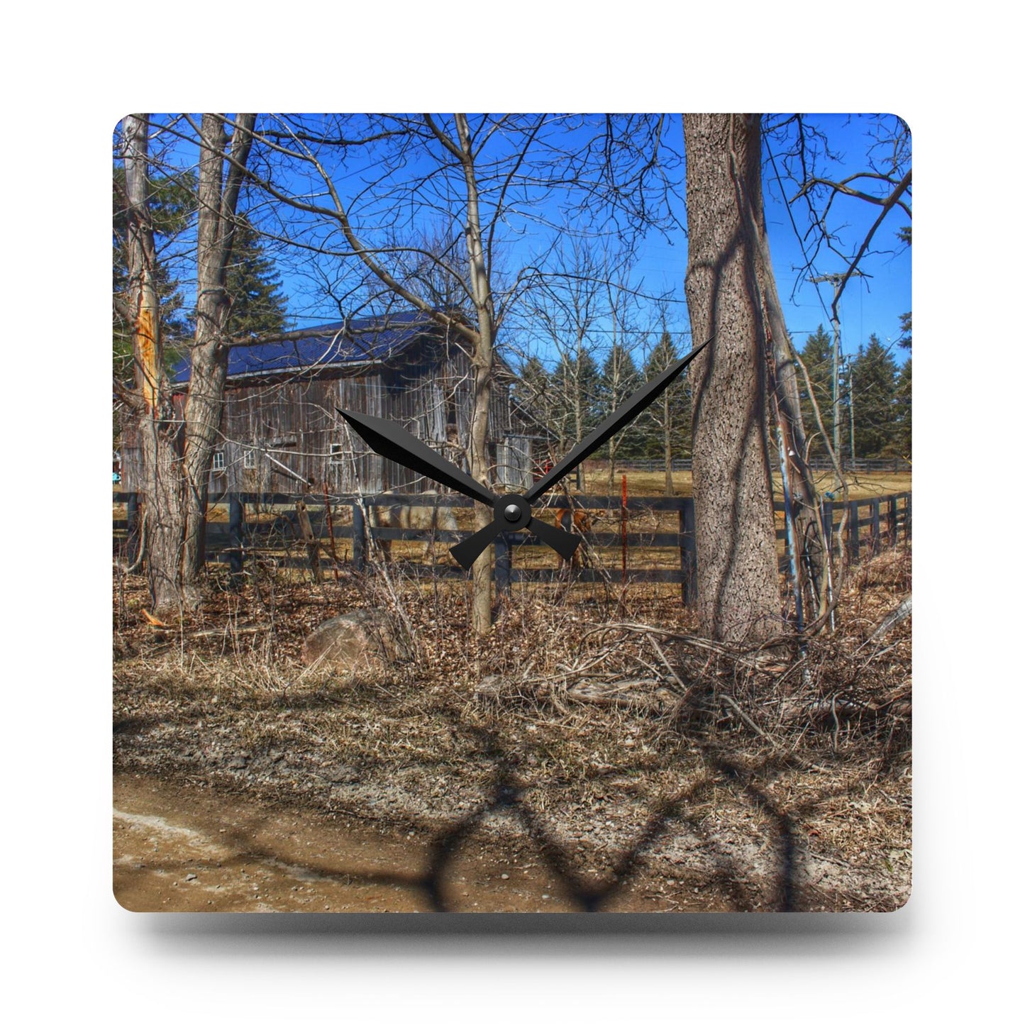 U R There Photography Brewer Road Grey Rustic Farmhouse Acrylic Analog Wall Clock