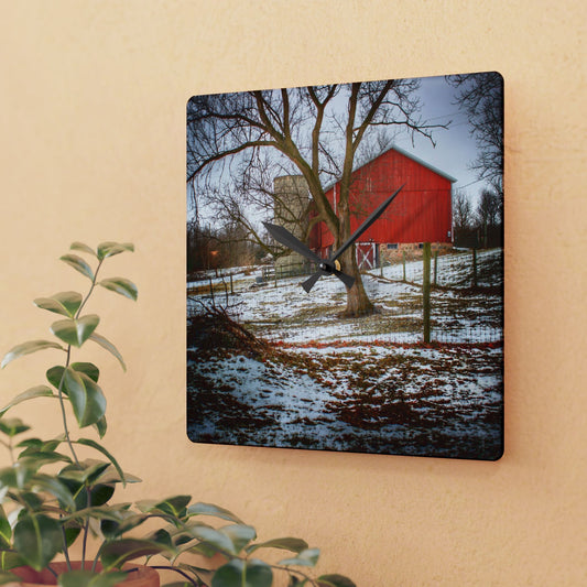 U R There Photography LeValley Road Red and Silo Rustic Farmhouse Acrylic Analog Wall Clock