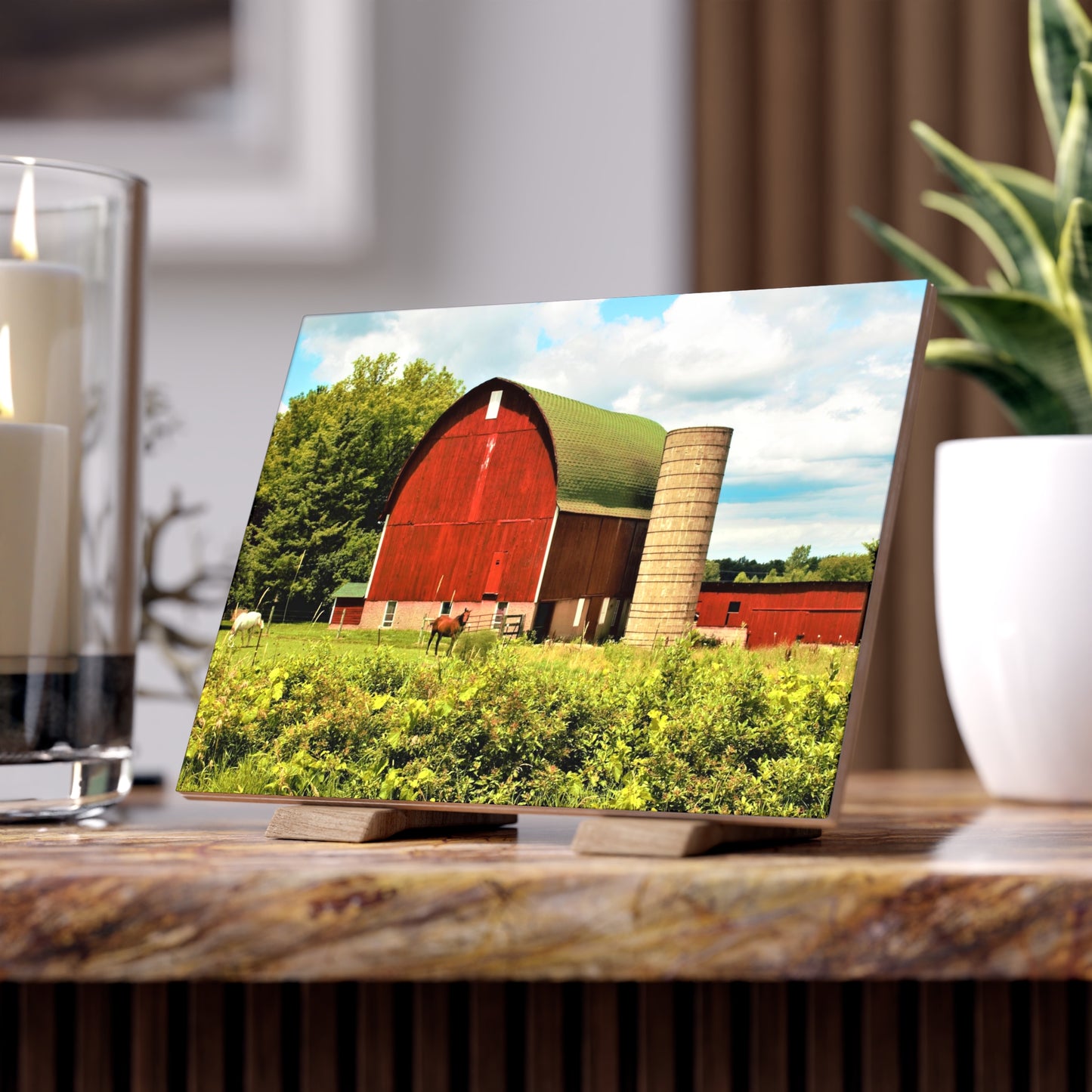 U R There Photography Elmwood Road Red and Horses Rustic Farmhouse Decorative Ceramic Tile