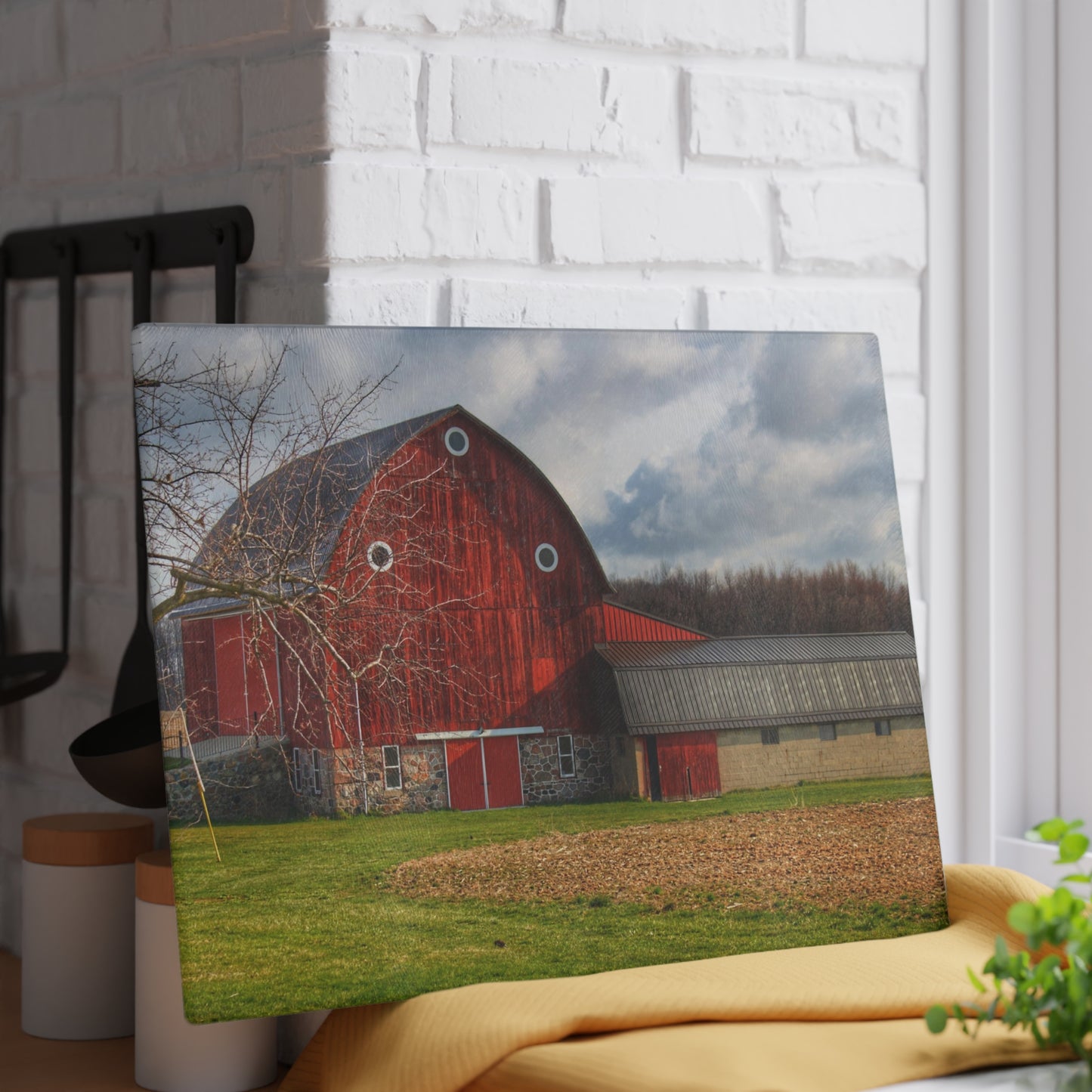 U R There Photography Clear Lake Road Fieldstone Red Rustic Farmhouse Tempered-Glass Cutting Board