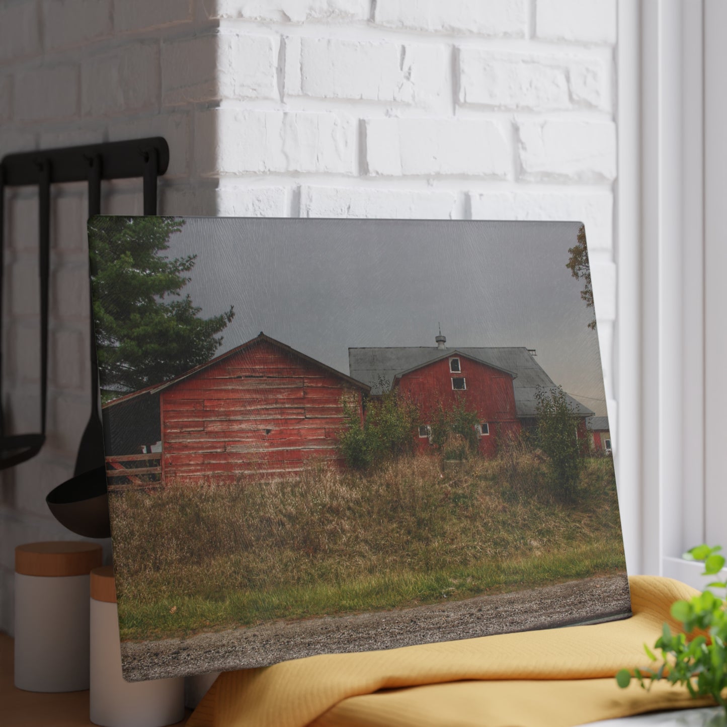 U R There Photography Goodrich Baldwin Road Reds I Rustic Farmhouse Tempered-Glass Cutting Board