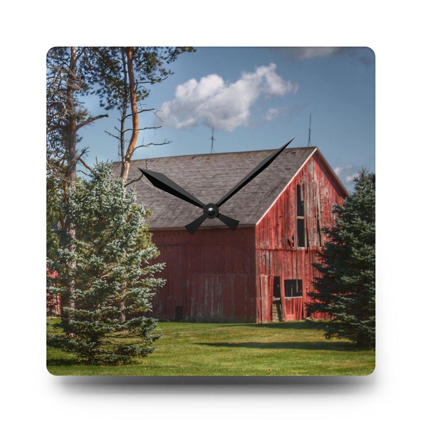 U R There Photography Havens Road Red Among the Pines Rustic Farmhouse Acrylic Analog Wall Clock