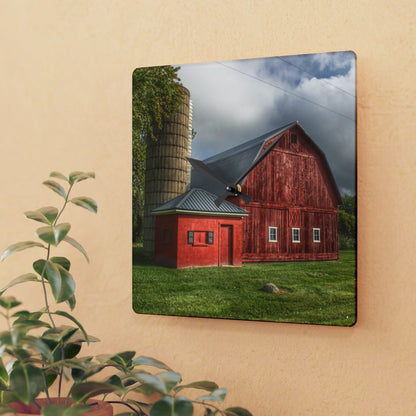 U R There Photography Hollow Corners Red and Silo Rustic Farmhouse Acrylic Analog Wall Clock