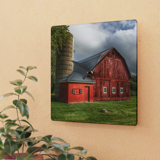 U R There Photography Hollow Corners Red and Silo Rustic Farmhouse Acrylic Analog Wall Clock