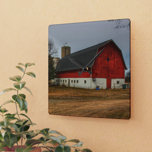 U R There Photography Hunters Creek Red Cow Barn II Rustic Farmhouse Acrylic Analog Wall Clock