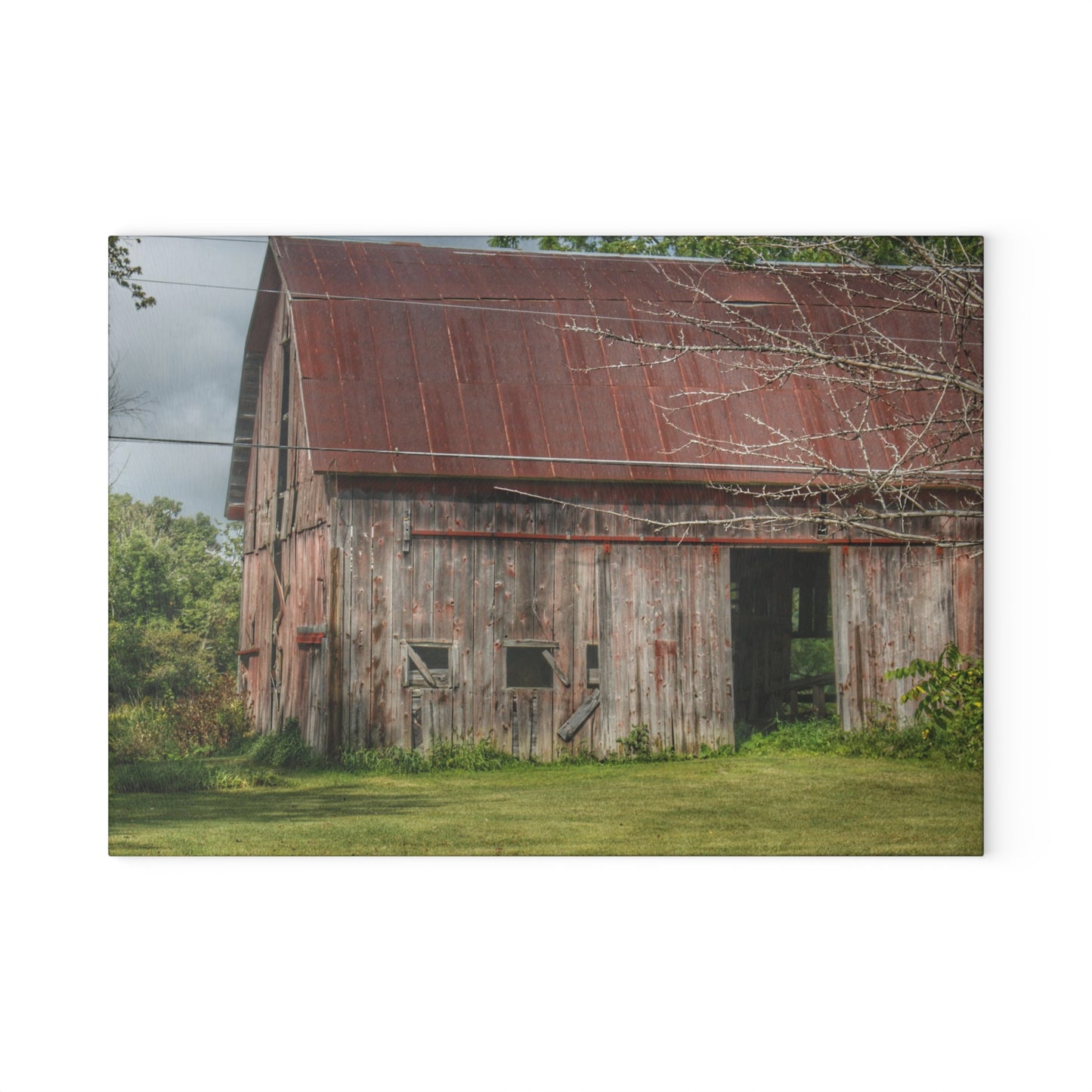 Barn Boutique Rustic Tempered-Glass Cutting Board| Columbiaville Roadside Grey and Rusted