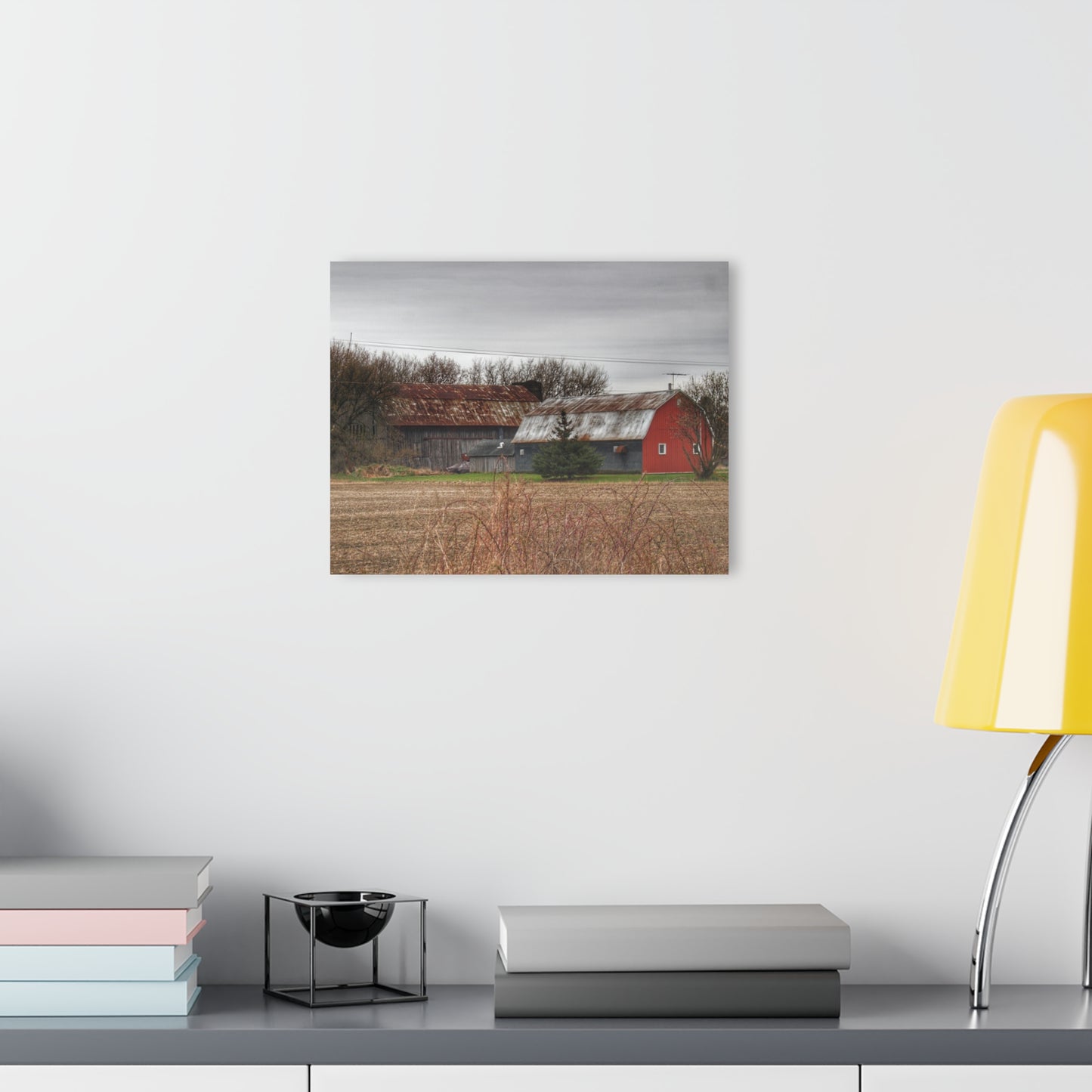 U R There Photography South Summers Road Rusted Grey and Little Red Rustic Farmhouse Acrylic Wall Print
