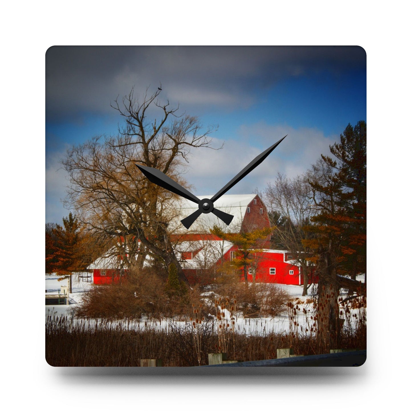 U R There Photography Hadley Road Hidden Red in Winter Rustic Farmhouse Acrylic Analog Wall Clock