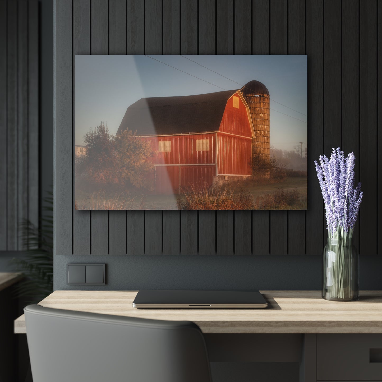 U R There Photography Klam Road Red Meets Foggy Sunrise II Rustic Farmhouse Acrylic Wall Print 20"x16"